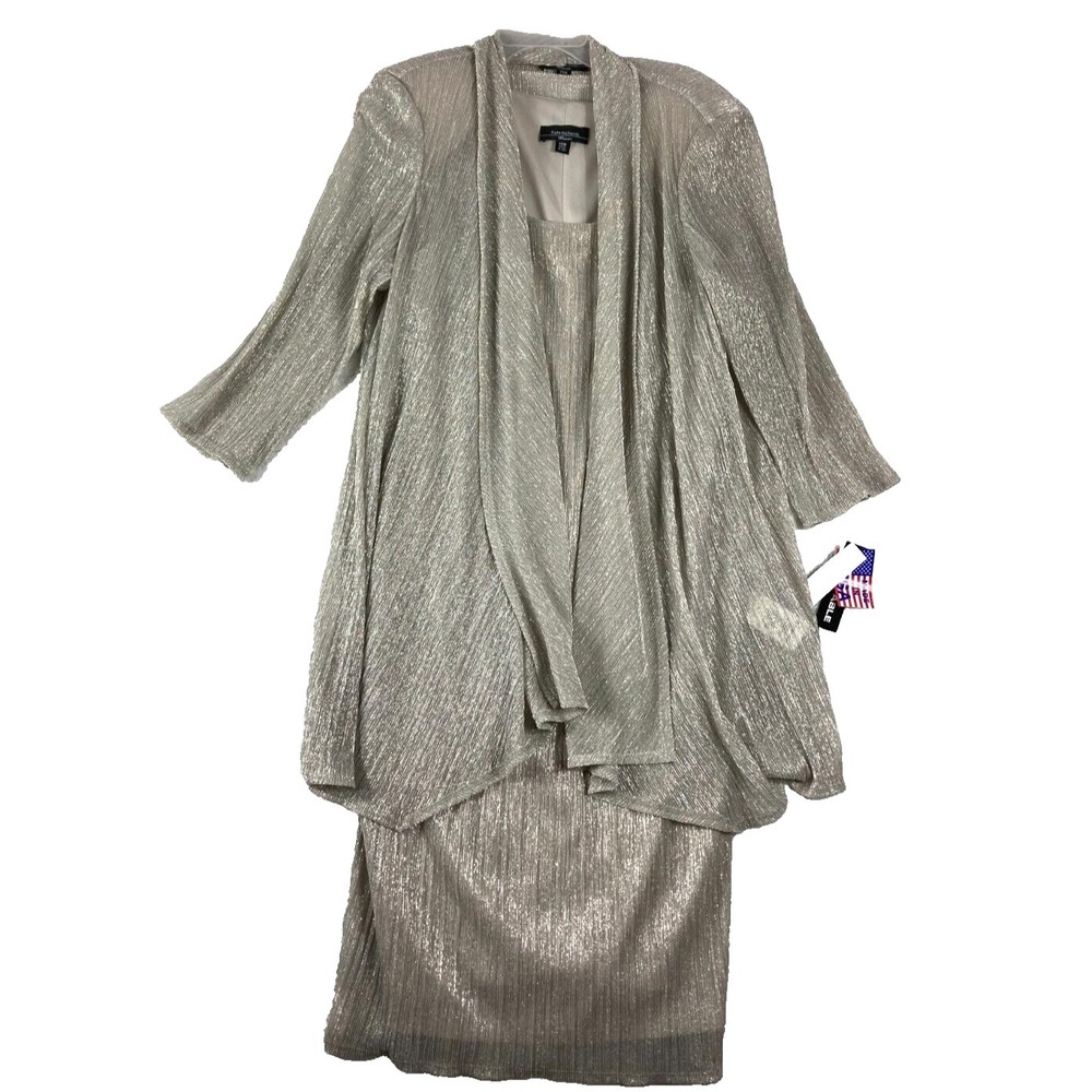 R&M Richards Womens 14W 3 Piece Set Duster Jacket Shell Skirt Metallic Champagne